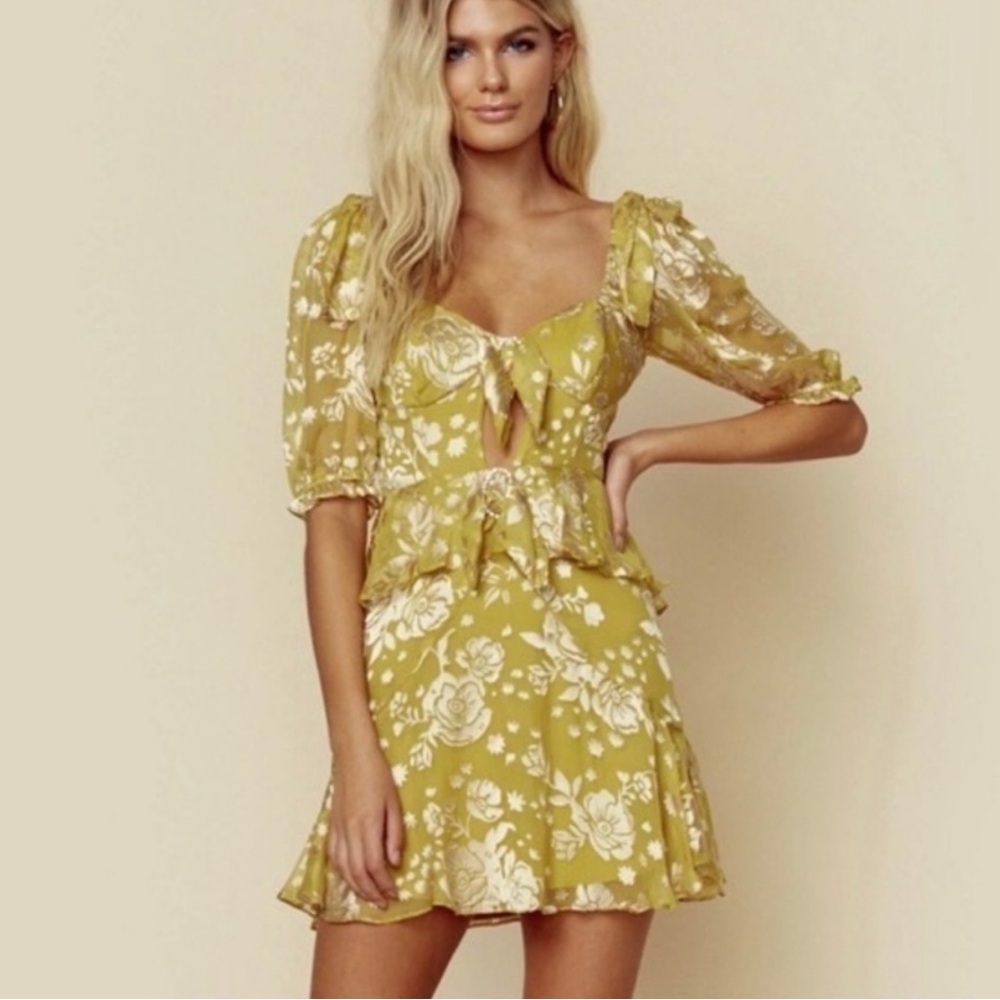 For Love & Lemons Cosmo Burnout Tiered Ruffles Bow Buckle Mini Dress, size S NWT